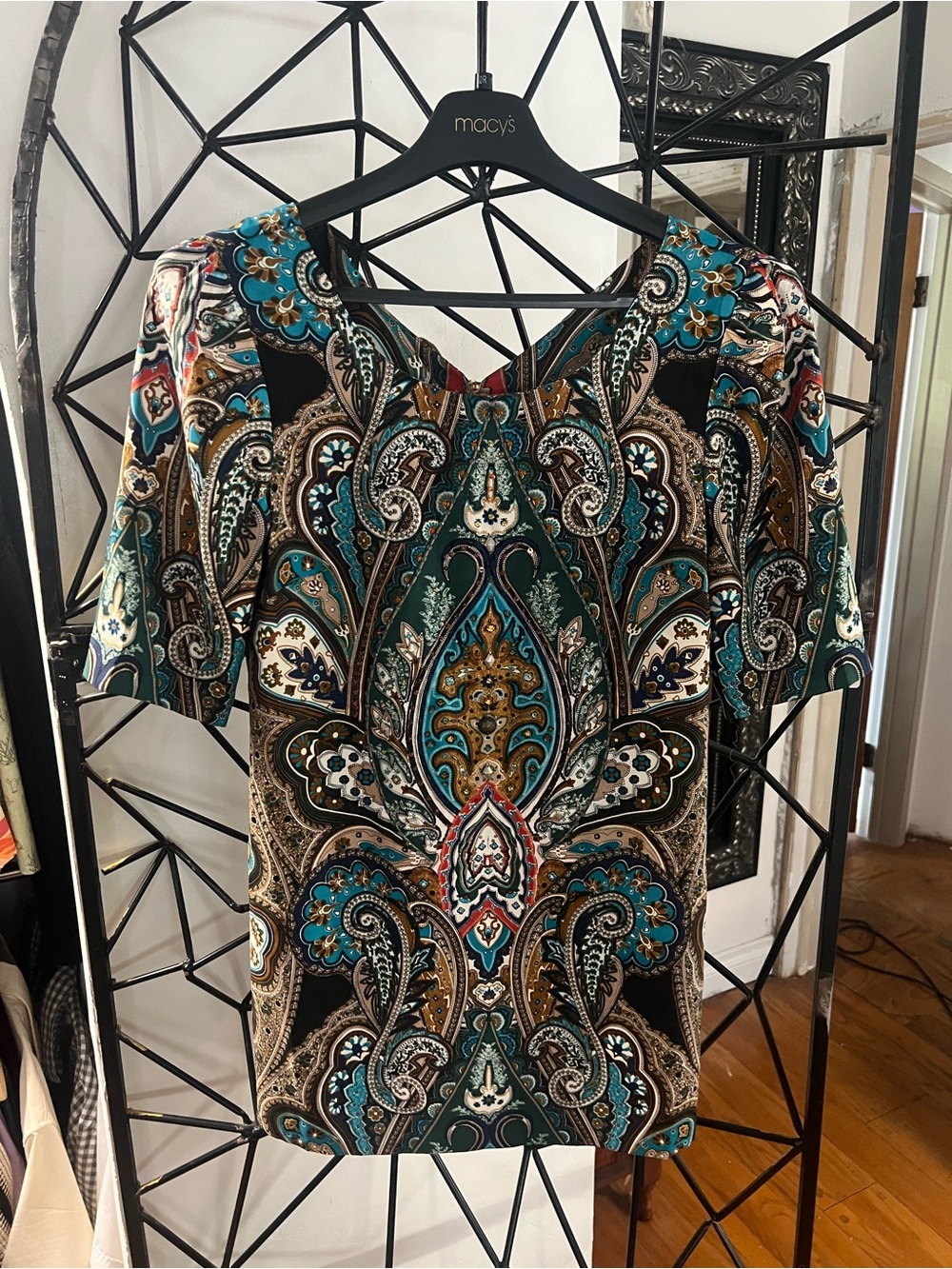 ECI New York Size 10 Teal Paisley Boho Shift Dress 3/4 Sleeve
